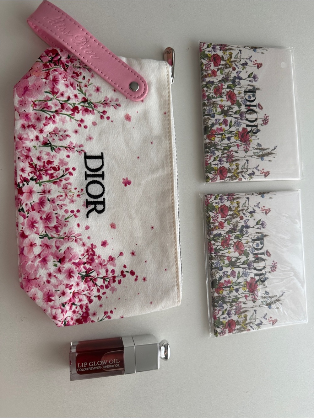 Dior Pink Floral Zip Pouch with Lip Glow Oil and 6 Cards with envelops